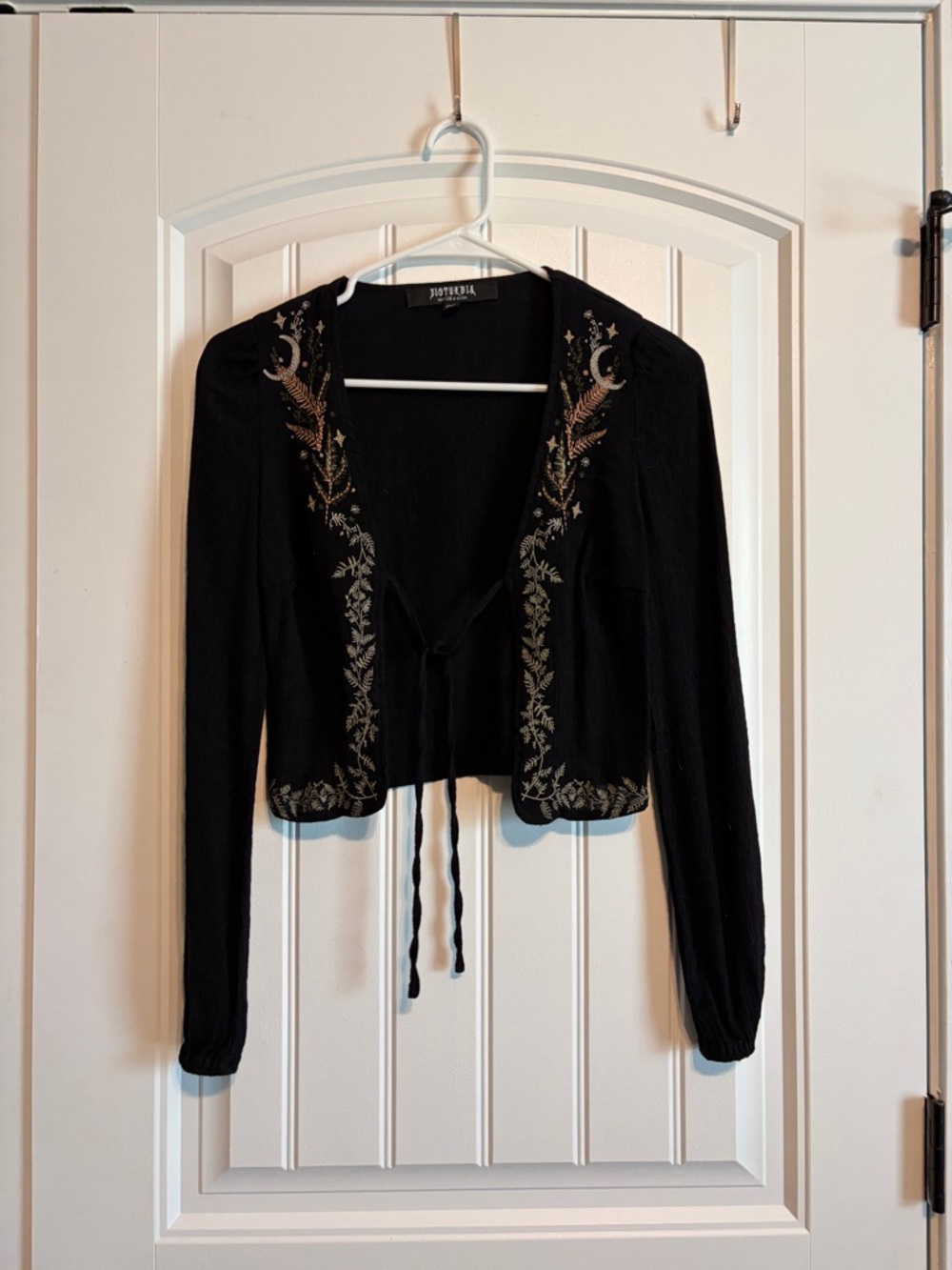 Johnny Was Black Tie-Front Embroidered Crop Top with Gold Detailing